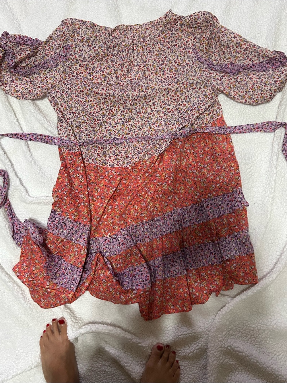 Ann Taylor Pink & Orange Floral Tiered Puff-Sleeve Tunic Dress